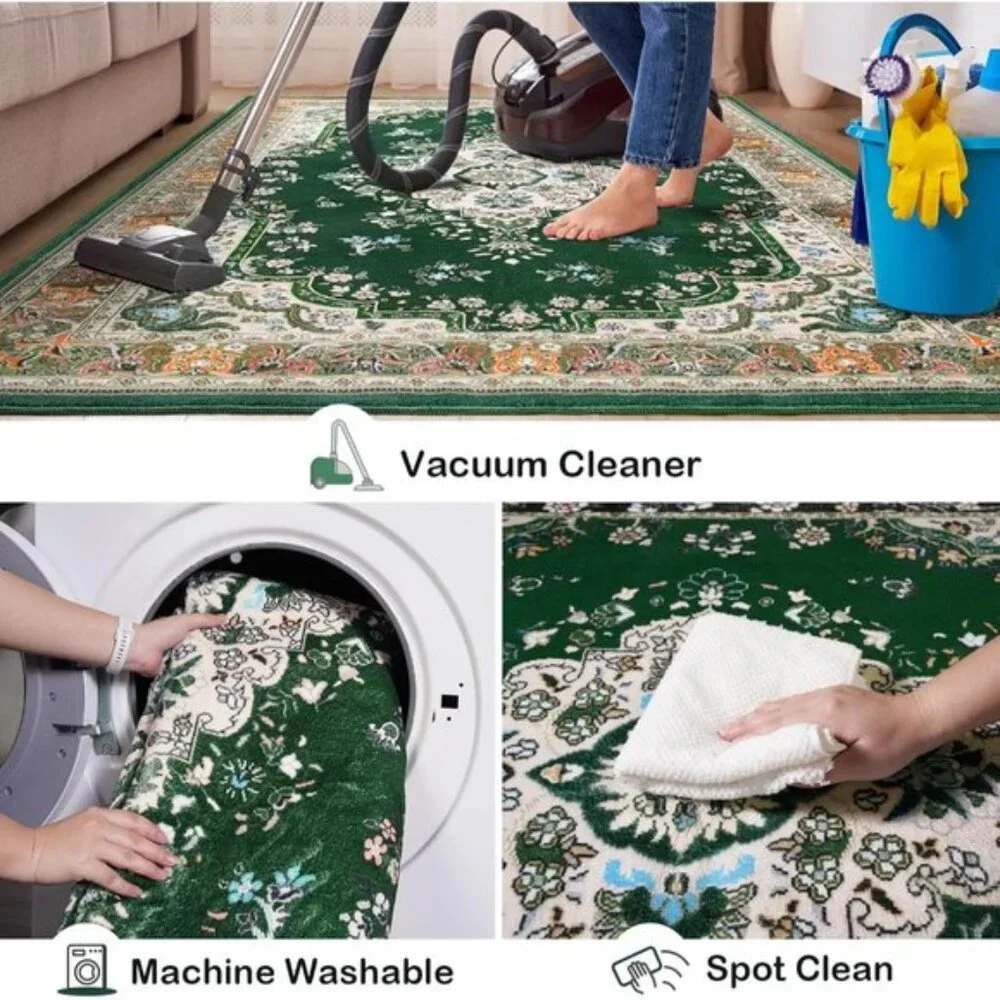 New 4x6 Washable Area Rug, Non-Slip Green Floral Rug for Home or Office Decor